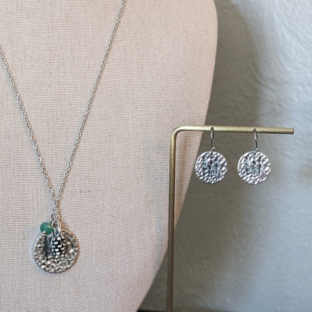 Blossom Collection Pine Tree Pine Cone Charm Silver Tone Necklace & Earring Set